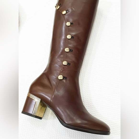 MARINO FABIANI MADE IN ITAKY Brown Leather Heeled Boots with Gold Accents - Picture 1 of 4